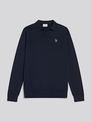 U.S. Polo Assn Blue Combed Cotton Open Collar Long Sleeve Polo Shirt - Image 1 of 2