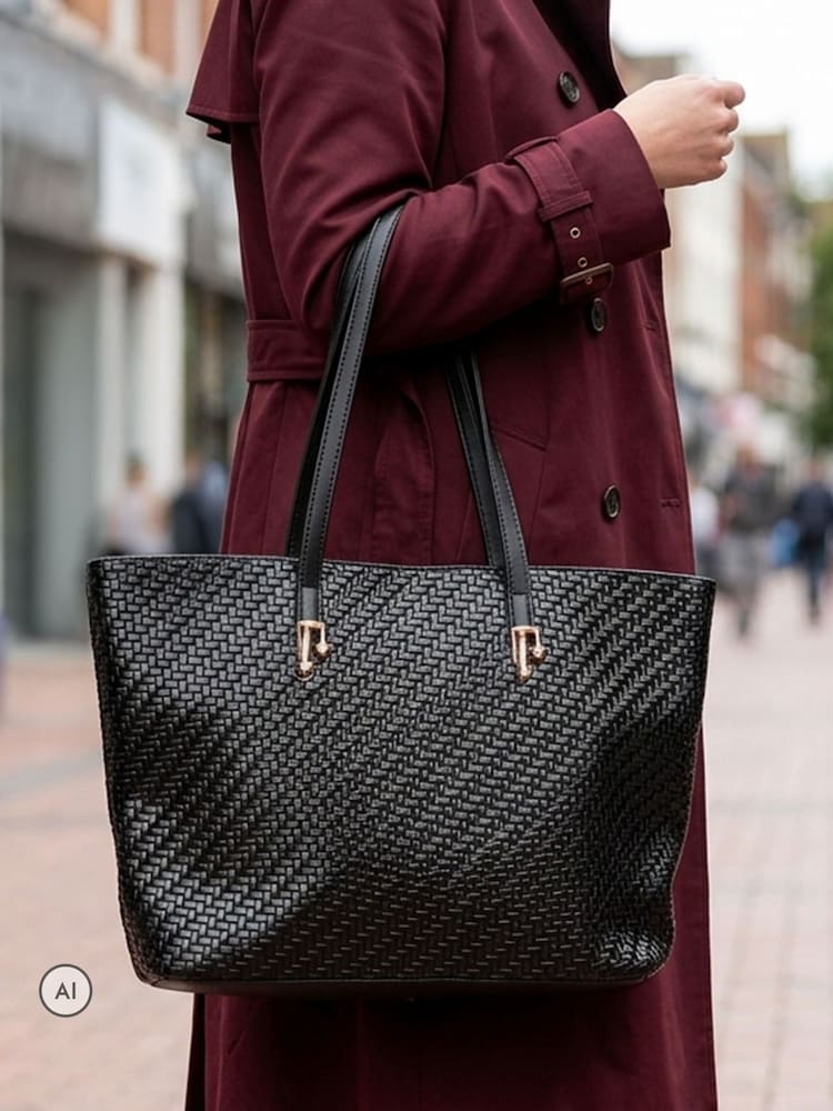 Pavers Black Woven Zip Close Shoulder Bag - Image 1 of 6 Pavers Black Woven Zip Close Shoulder Bag - Image 1 of 6
