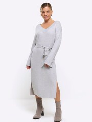 River Island Grey Petite V-Neck Bow Midi Dress - Image 1 of 4