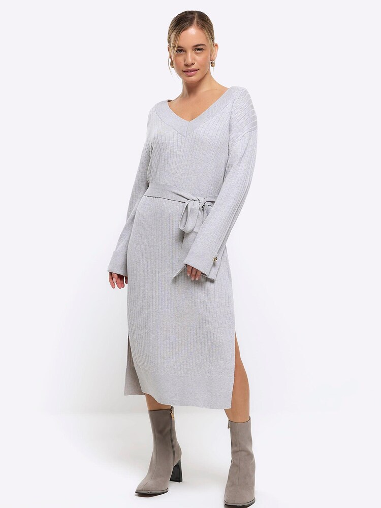 River Island Grey Petite V-Neck Bow Midi Dress - Image 1 of 4