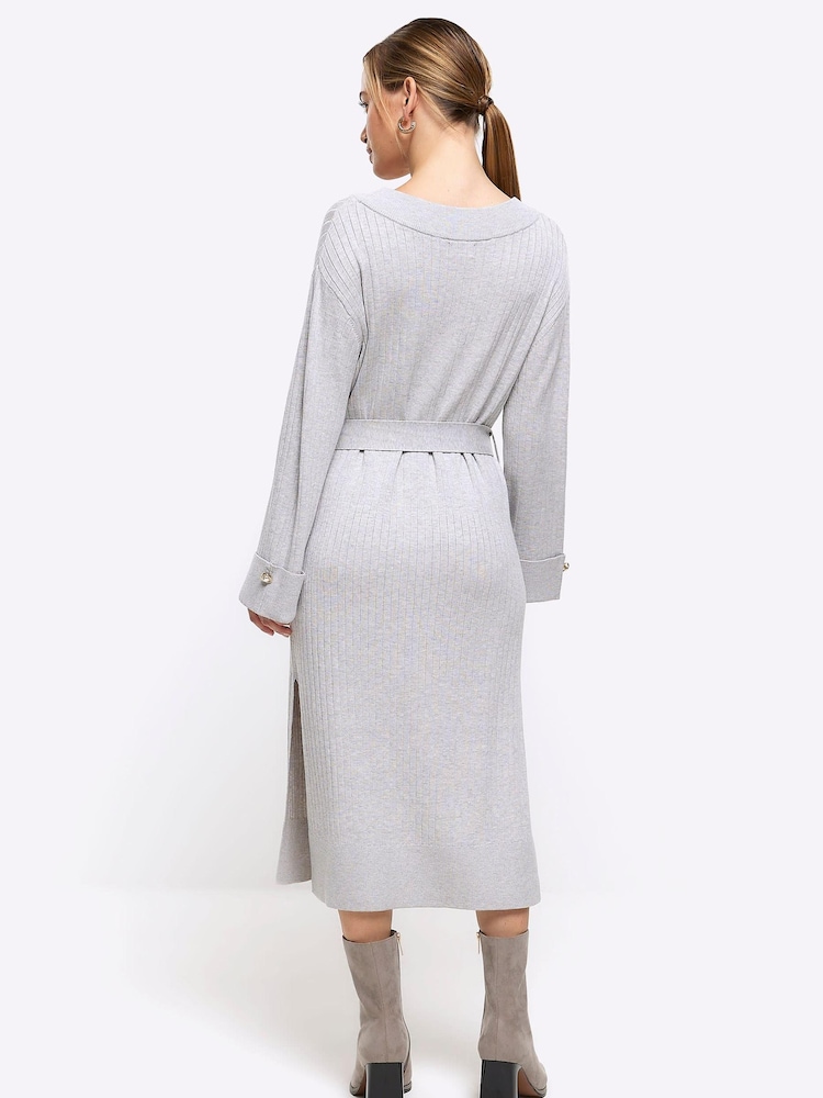 River Island Grey Petite V-Neck Bow Midi Dress - Image 2 of 4 River Island Grey Petite V-Neck Bow Midi Dress - Image 2 of 4