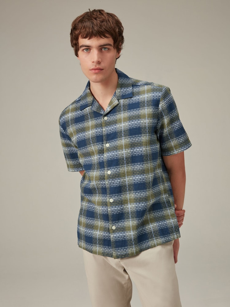 Navy/Green Textured Check Short Sleeve Shirt With Cuban Collar - Image 1 of 1 Navy/Green Textured Check Short Sleeve Shirt With Cuban Collar - Image 1 of 1