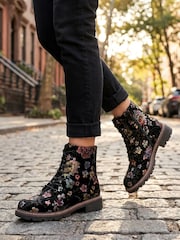Pavers Black Floral Lace Up Ankle Boots With Warm Lining - Image 1 of 6