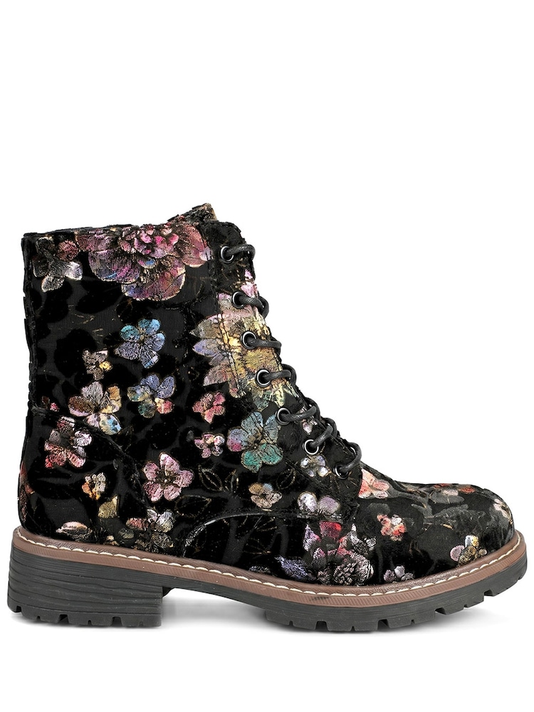Pavers Black Floral Lace Up Ankle Boots With Warm Lining - Image 2 of 6 Pavers Black Floral Lace Up Ankle Boots With Warm Lining - Image 2 of 6