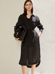 Black TENCEL™ Blend Belted Shirt Dress with Linen - Image 1 of 8