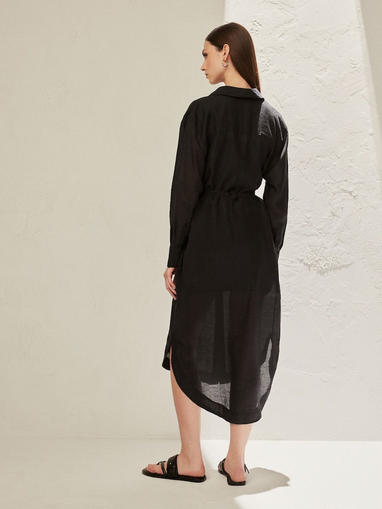 Black TENCEL™ Blend Belted Shirt Dress with Linen - Image 2 of 8