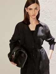 Black TENCEL™ Blend Belted Shirt Dress with Linen - Image 3 of 8
