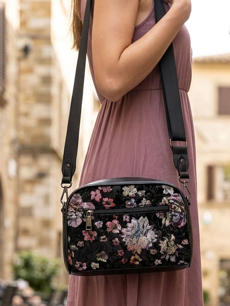 Pavers Black Floral Adjustable Strap Multi Pocket Cross-Body Bag - Image 1 of 6 Pavers Black Floral Adjustable Strap Multi Pocket Cross-Body Bag - Image 1 of 6