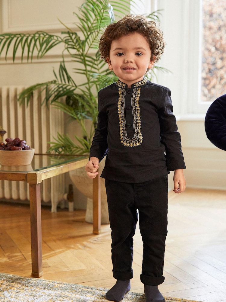 Black Shirt Length Embroidered Boys Kurta (3mths-7yrs) - Image 1 of 6