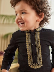 Black Shirt Length Embroidered Boys Kurta (3mths-7yrs) - Image 3 of 6