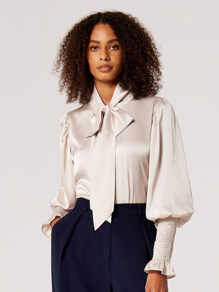 Apricot Silver Satin Balloon Sleeve Bow Neck Blouse - Image 1 of 4