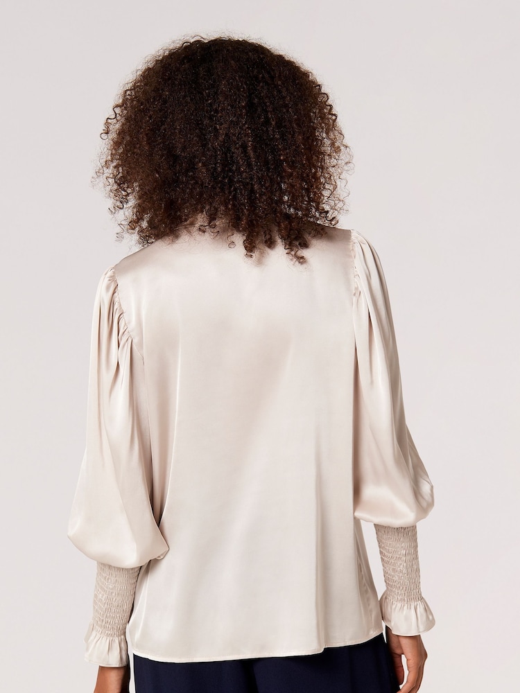 Apricot Silver Satin Balloon Sleeve Bow Neck Blouse - Image 2 of 4