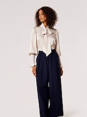 Apricot Silver Satin Balloon Sleeve Bow Neck Blouse - Image 3 of 4