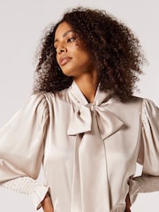 Apricot Silver Satin Balloon Sleeve Bow Neck Blouse - Image 4 of 4