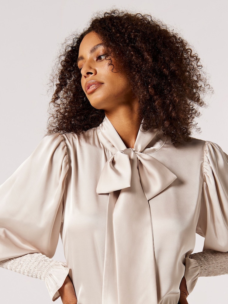 Apricot Silver Satin Balloon Sleeve Bow Neck Blouse - Image 4 of 4