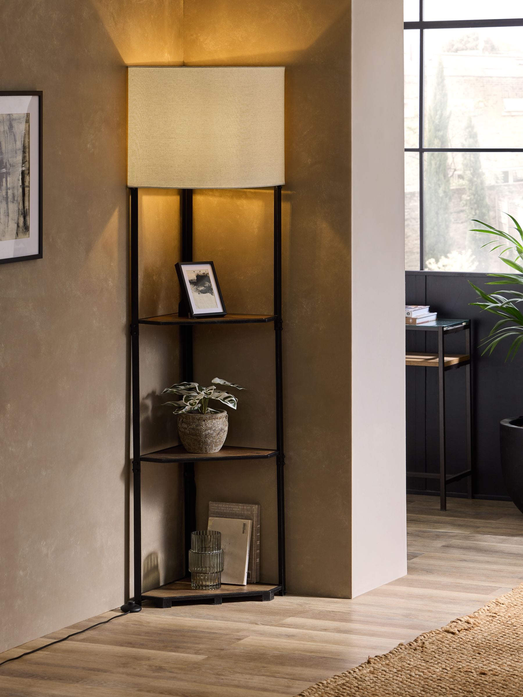 Shelf with lamp on top outlet
