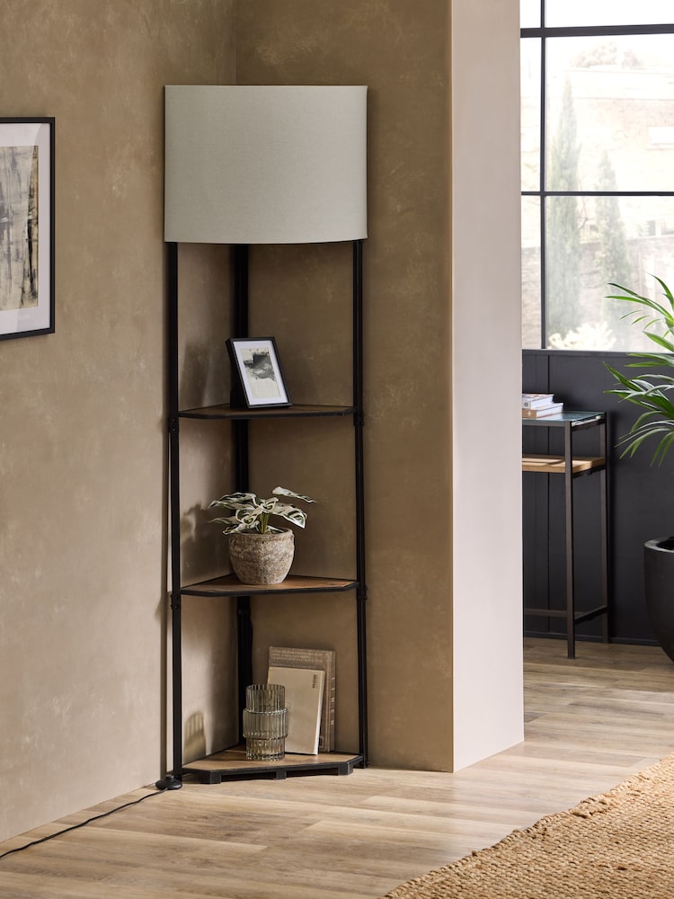 Brown Corner Wood Shelf Floor Lamp - Image 2 of 7