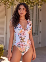 Pink/Cream Floral Frill Plunge Tummy Shaping Control Swimsuit - Image 1 of 7
