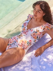 Pink/Cream Floral Frill Plunge Tummy Shaping Control Swimsuit - Image 3 of 7