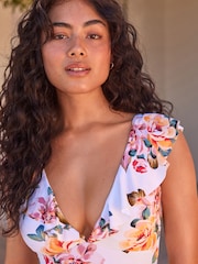 Pink/Cream Floral Frill Plunge Tummy Shaping Control Swimsuit - Image 6 of 7