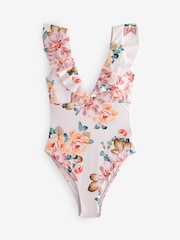 Pink/Cream Floral Frill Plunge Tummy Shaping Control Swimsuit - Image 7 of 7