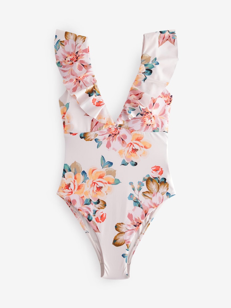Pink/Cream Floral Frill Plunge Tummy Shaping Control Swimsuit - Image 7 of 7