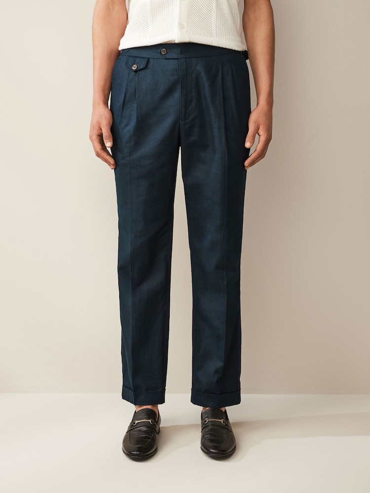 Navy Blue Linen Cotton Side Adjuster Trousers - Image 1 of 9