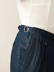 Navy Blue Linen Cotton Side Adjuster Trousers - Image 3 of 9