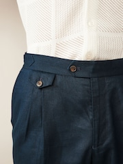 Navy Blue Linen Cotton Side Adjuster Trousers - Image 5 of 9