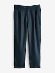 Navy Blue Linen Cotton Side Adjuster Trousers - Image 6 of 9