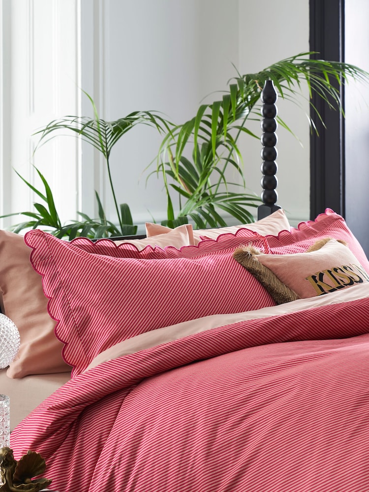 Rockett St George Pink 100% Cotton Pencil Stripe Scalloped Edge Duvet Cover and Pillowcase Set - Image 2 of 4 Rockett St George Pink 100% Cotton Pencil Stripe Scalloped Edge Duvet Cover and Pillowcase Set - Image 2 of 4