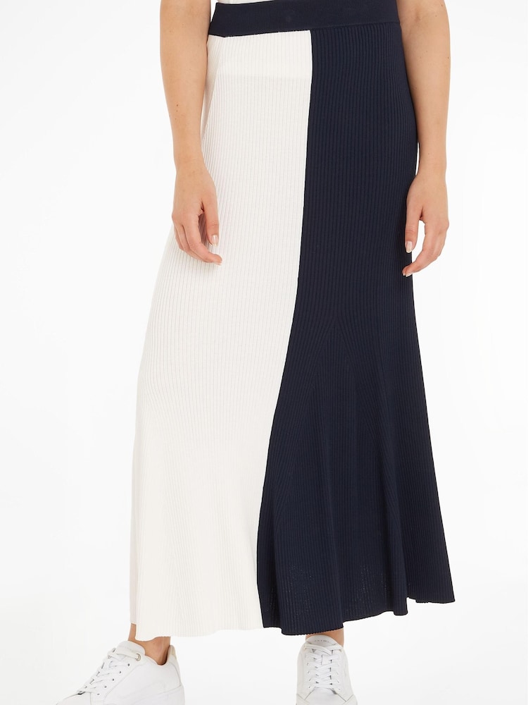 Tommy Hilfiger Blue Colour Block Rib Maxi Skirt - Image 1 of 4 Tommy Hilfiger Blue Colour Block Rib Maxi Skirt - Image 1 of 4