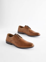 Tan Brown Standard Fit Leather Derby Shoes with Navy Contrast Sole - Image 1 of 8