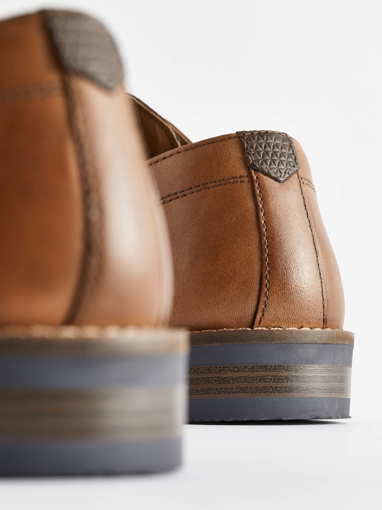 Tan Brown Standard Fit Leather Derby Shoes with Navy Contrast Sole - Image 3 of 8