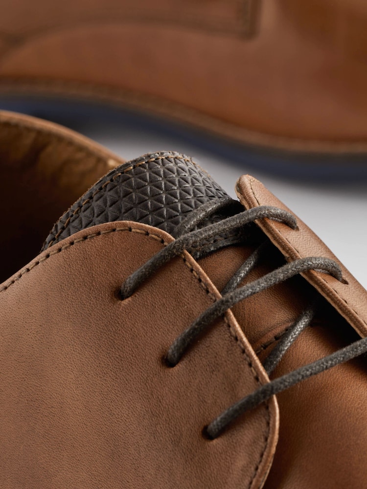 Tan Brown Standard Fit Leather Derby Shoes with Navy Contrast Sole - Image 5 of 8