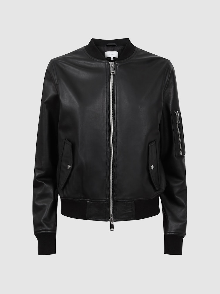 Reiss Bradie Bomberjacke aus Leder mit durchgehendem Reißverschluss - Bild 2 von 6 Reiss Bradie Bomberjacke aus Leder mit durchgehendem Reißverschluss - Bild 2 von 6