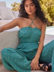 Teal Blue Multiway Halter-Tie Bandeau Wide Leg Jumpsuit - Image 5 of 8