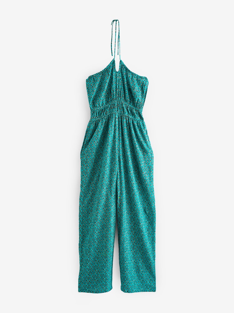 Teal Blue Multiway Halter-Tie Bandeau Wide Leg Jumpsuit - Image 8 of 8