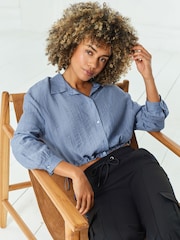 Blue Cropped Crinkle Bubble Hem Shirt - Image 1 of 6