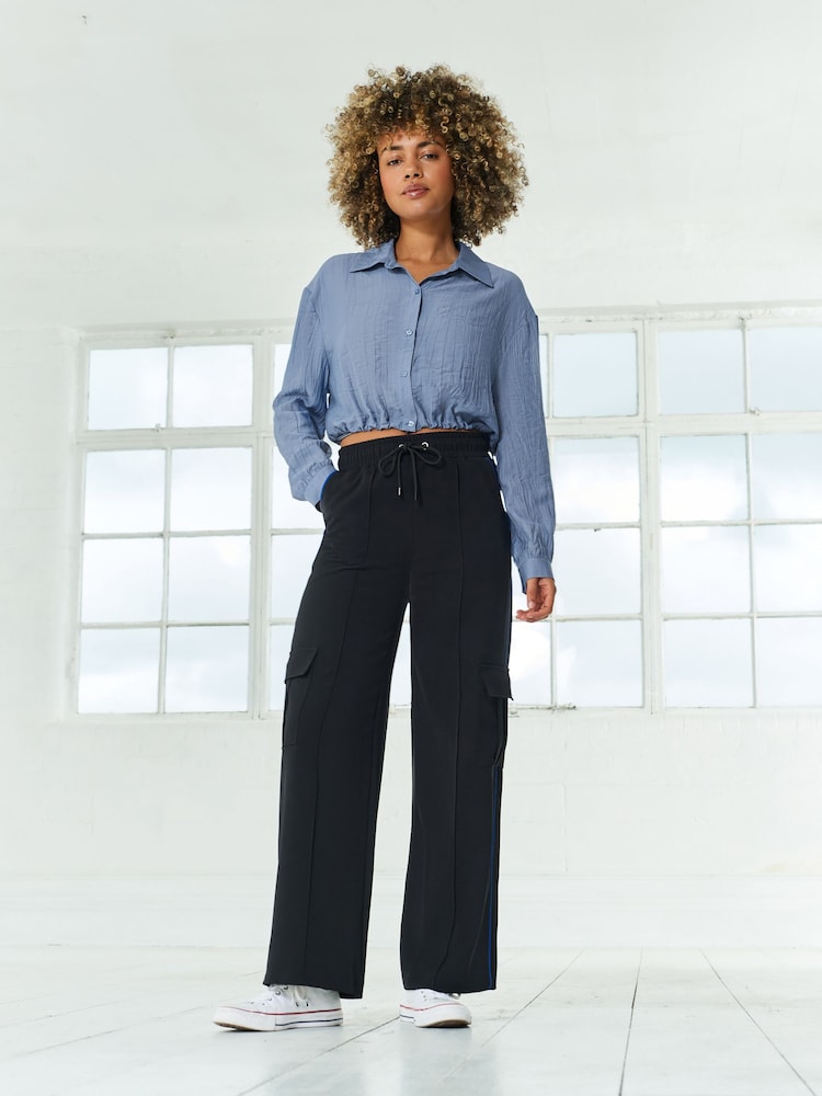 Blue Cropped Crinkle Bubble Hem Shirt - Image 2 of 6