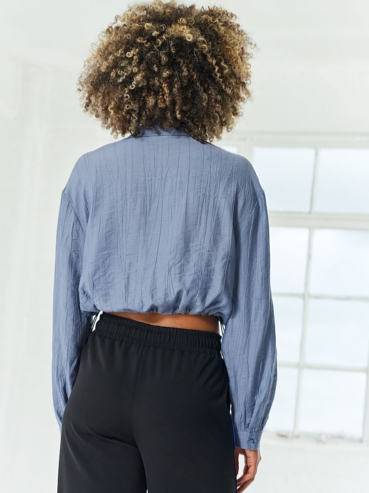 Blue Cropped Crinkle Bubble Hem Shirt - Image 3 of 6