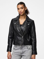 PIECES Black Real Leather Biker Jacket - Image 1 of 6