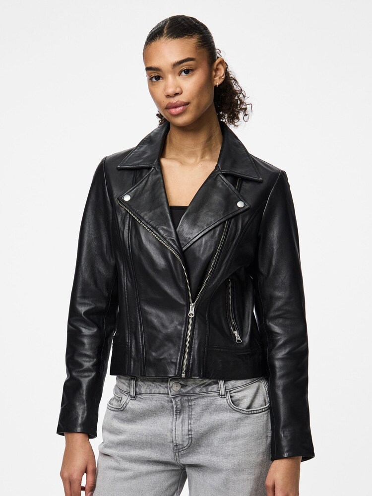 PIECES Black Real Leather Biker Jacket - Image 1 of 6
