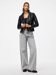 PIECES Black Real Leather Biker Jacket - Image 2 of 6