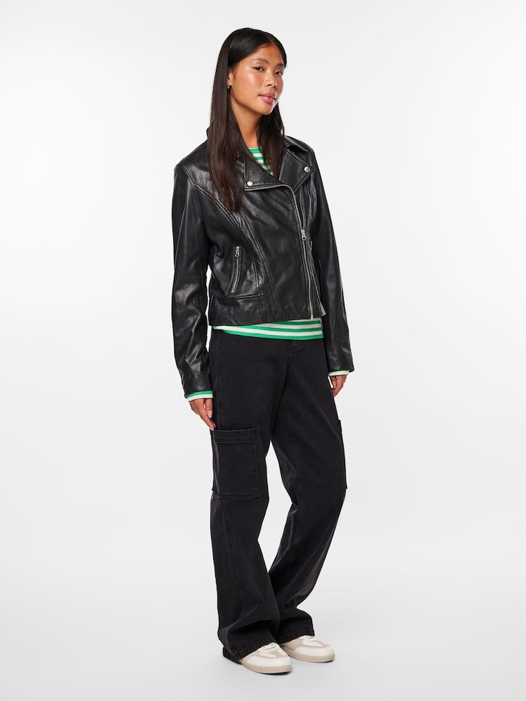 PIECES Black Real Leather Biker Jacket - Image 2 of 6