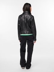 PIECES Black Real Leather Biker Jacket - Image 3 of 6