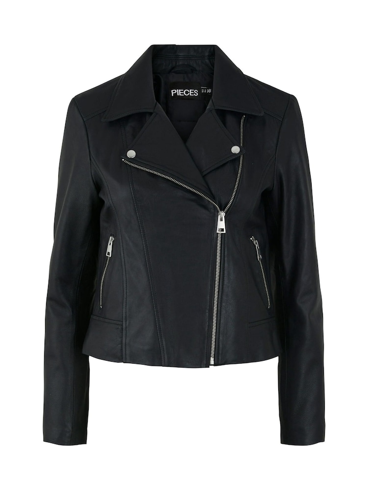 PIECES Black Real Leather Biker Jacket - Image 6 of 6