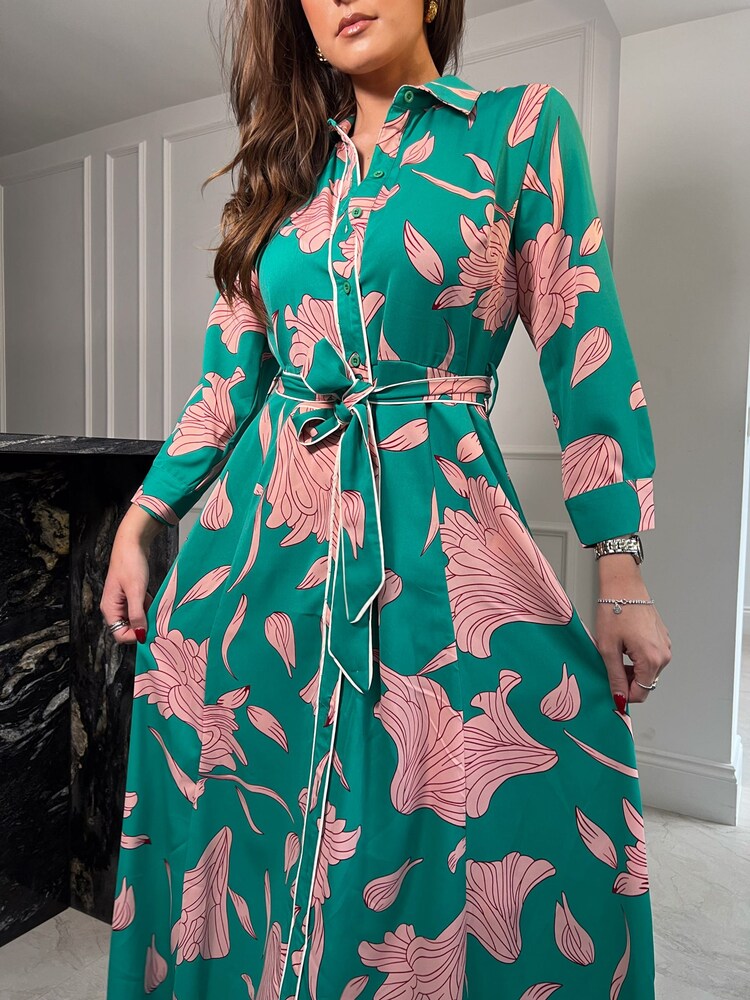 Girl In Mind Green Angela Piping Detail Midi Shirt Dress - Image 4 of 4