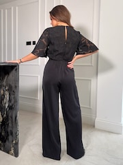 Girl In Mind Black Burn Out Floral Viola Wrap Tie Detail Wide Leg Jumpsuit - Image 2 of 4