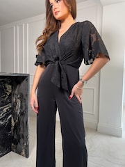 Girl In Mind Black Burn Out Floral Viola Wrap Tie Detail Wide Leg Jumpsuit - Image 4 of 4